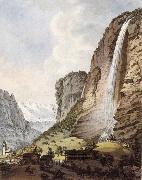 Johann Ludwig Aberli Fall d-eau apellee Staubbach in the Vallee Louterbrunen oil on canvas